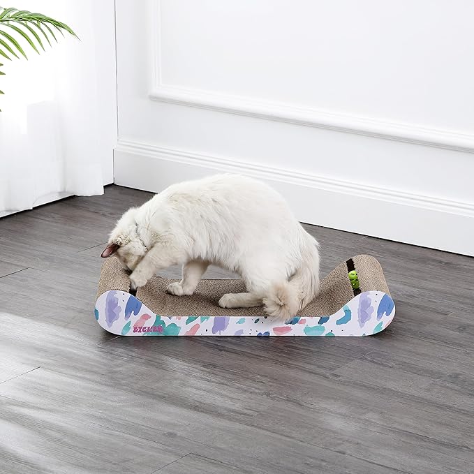 CSR1003A Rini 23.75" Modern Cardboard Lounge Bed Cat Scratcher with Built-in Bell Toys and Catnip, White/Multi