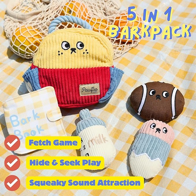 Squeaky Plush Dog Toys, 5-in-1 Crinkle Backpack Puppy Toys to Keep Busy, Cute Stuffed Hide & Seek Cognitive for Small, Medium, Large Dogs, Teething, Boredom Relief & Birthday Gift
