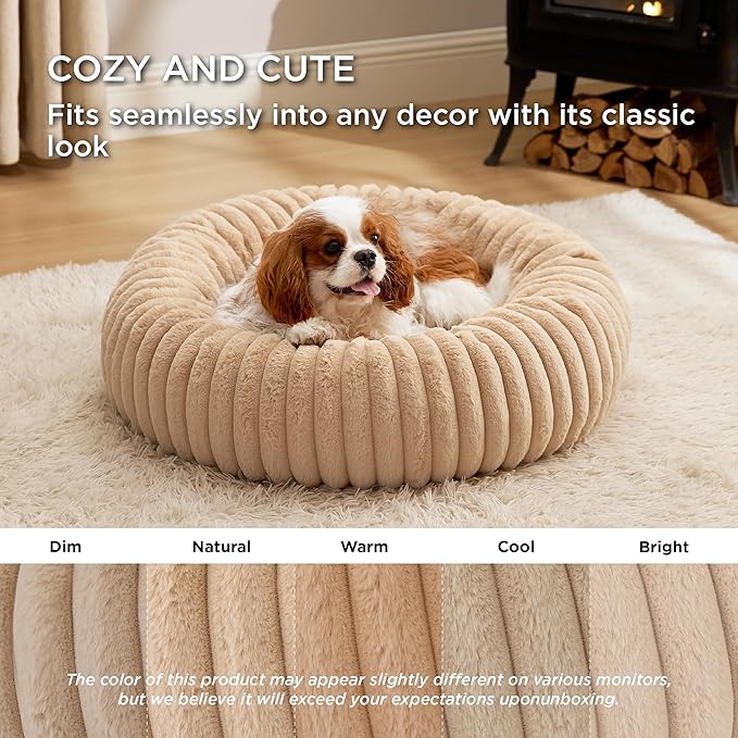 Bedsure Medium Dog Bed - Washable Faux Fur with Corduroy Fleece & Anti Slip Bottom, Round Pet Bed with Removable Cover, Sandy Beige, 30x30x8 inches
