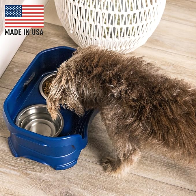 Neater Pet Brands Neater Feeder Deluxe Mess Proof Dog Bowls Elevated for Small Dogs Under 19 lbs, Made in USA, No Spill Raised Dog Food Bowl Stand Feeding Station, Food and Water Bowl Set, Dark Blue