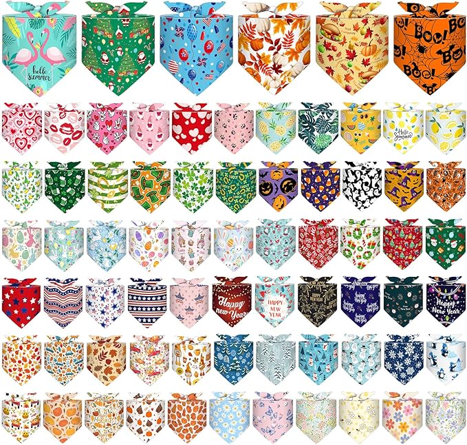 Reginary 72 Packs Holiday Dogs Bandanas Bulk Patriotic Halloween Thanksgiving Christmas New Year Birthday Summer Scarf Bibs Easter St. Patrick's Day Pets Bibs Adjustable Dog Bandana for Pet Costume