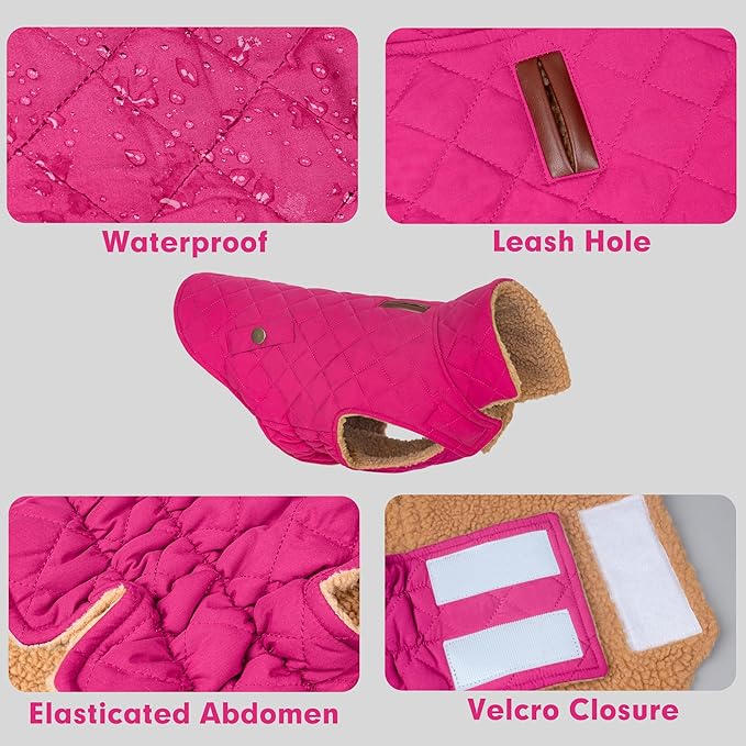 azuza Dog Jacket Waterproof & Windproof Dog Coat for Small Dogs with Thick Fleece, High Collar with Leash Hole, Adjustable Velcro & Elastic Belly, Rose Red XL