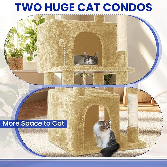 69-Inch Tall Cat Tree with Huge Condos, Multi-Functional Cat Tower with Top Perches, Scratching Posts, Pompoms, for Climbing, Lounging and Playing (Beige)