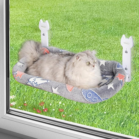 Cat Window Perch, Glow in The Dark Foldable Cat Hammock with Cozy Pad Bed, Breathable Cordless Window Seat with Stud Metal Frame for Large Cats and Kitten (Cushion Perch, Medium)