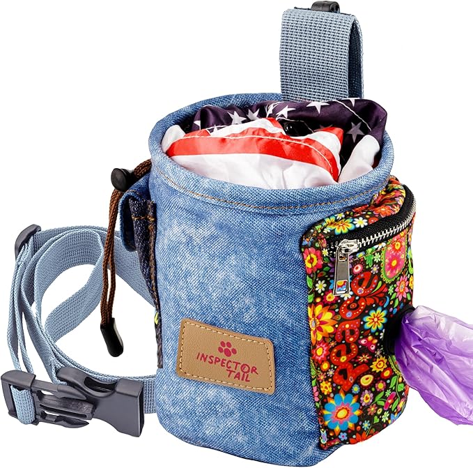 INSPECTOR TAIL Dog Treat Pouch w Cord Closure to Prevent Spills | 2 Cup Size | Hands Free - 4 Ways to Wear Tote | Pockets for Snacks Toys Poop Bags Keys Cards | Pet Training Walking & Rewarding Holder