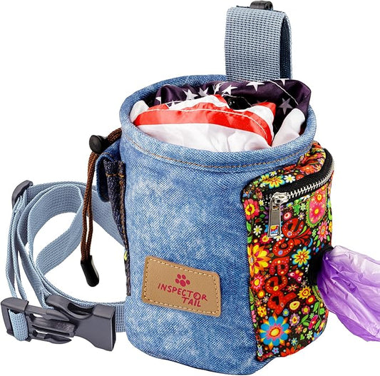 INSPECTOR TAIL Dog Treat Pouch w Cord Closure to Prevent Spills | 2 Cup Size | Hands Free - 4 Ways to Wear Tote | Pockets for Snacks Toys Poop Bags Keys Cards | Pet Training Walking & Rewarding Holder