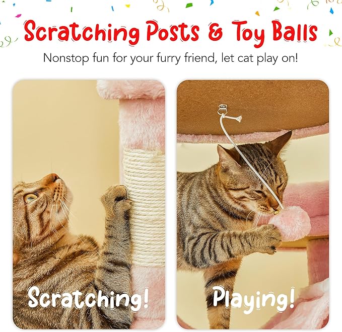 77-Inch Pink Cat Tree for Indoor Cats, Multi-Level Large Cat Tower with 4 Hammocks, 2 Padded Perches, Cat Condo, Sisal Scratching Posts and Hanging Toys for Large Adult Cat