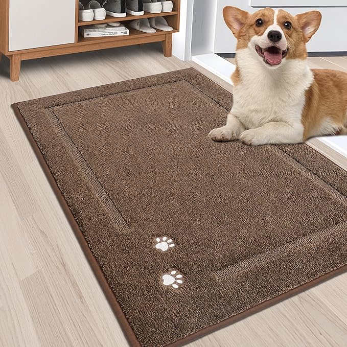 BEQHAUSE Dog Door Mat for Muddy Paws 24"x36" Dirt Trapper Absorbent Doormat Non Slip Entryway Rugs Washable Stain Resistant Welcome Floor Mat Soft Low-Profile for Front Back Door, Brown