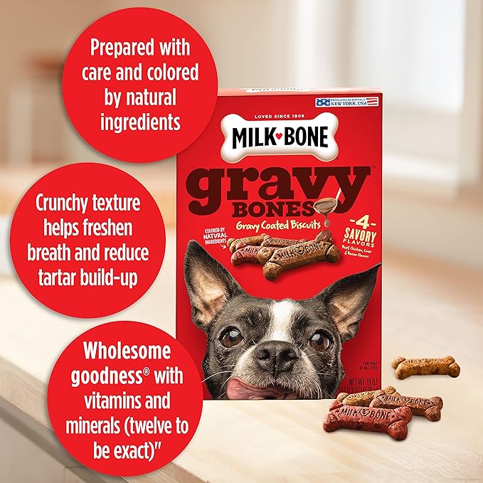 Milk-Bone Gravy Bones Dog Treats with 4 Savory Meat Flavors Coated in Gravy, 19 Ounce (Pack of 12)