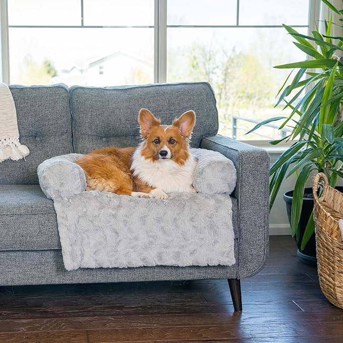 Best Friends by Sheri Calming Dog Blanket with Supportive Bolster, Machine Washable Faux Fur Pet Throw, Gray, Medium