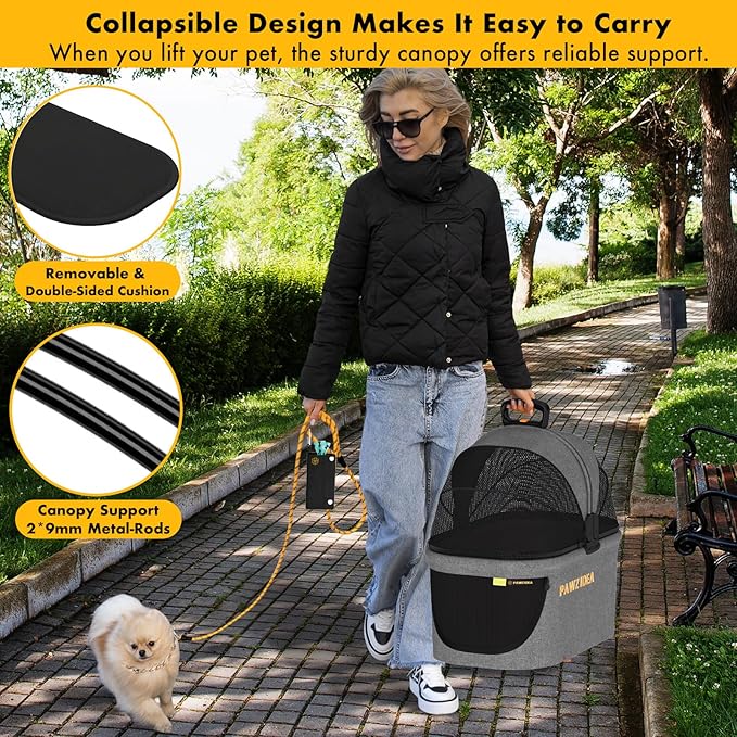 PAWZIDEA Double Pet Stroller with 2 Detachable Carriers, Portable Dog Crate for Car Travel & TSA-Approved Expandable Cat Carrier, Foldable Lightweight Jogger Stroller for 2–4 Cats or Small/Medium Dogs