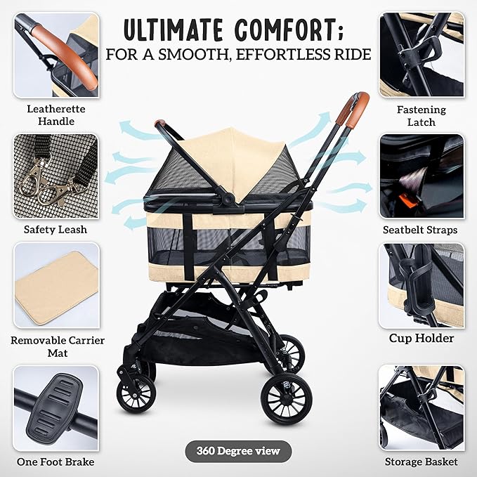 Pet Stroller with Detachable Carrier - Ideal for Small to Medium Dogs & Cats - Compact & Convenient Design - Easy Assembly Pet Stroller for Cats, Dog Strollers for Small Dogs - Bisque Beige