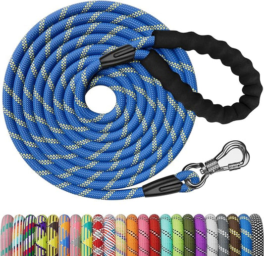 NTR Long Dog Leash - 50 FT Rope with Swivel Hook, Reflective Threads, Comfortable Handle - Training Leash for Medium & Large Dogs - Blue