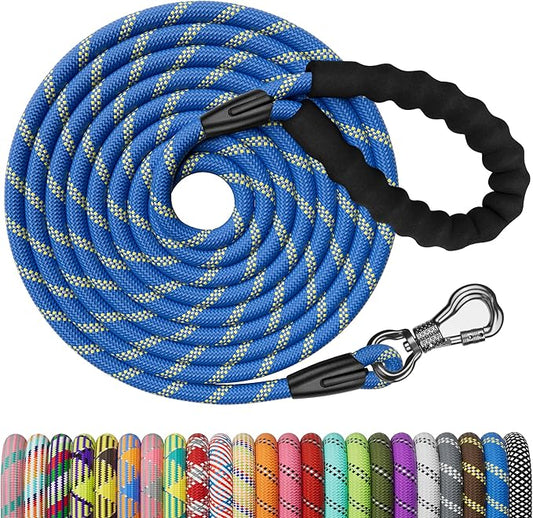 NTR Heavy Duty Dog Leash - 30FT Reflective with Swivel Lockable Hook and Comfortable Padded Handle, Puppy Leash for Walking, Hunting, Camping, Backyard - Blue