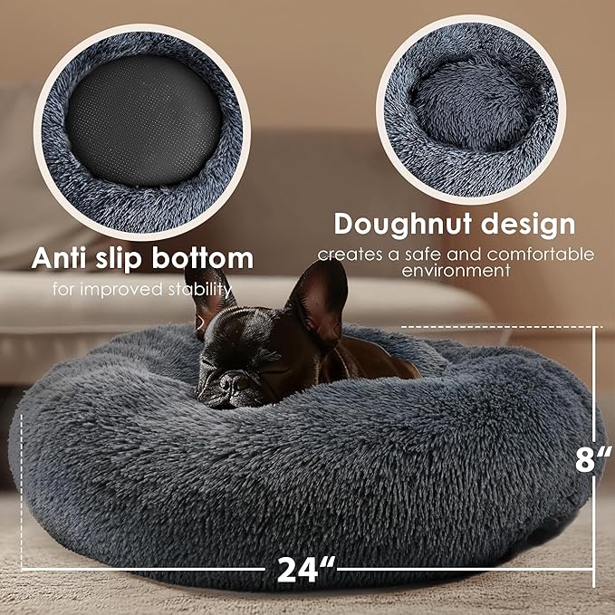 Dogs Bed for Small Dogs, Anti-Anxiety Washable Round Bed (Dark Grey, 24.0" L x 24.0" W x 8.0" Th)