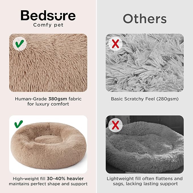Bedsure Calming Dog Bed for Small Medium Dogs - Donut Washable Medium Puppy Bed, 27 inches Anti-Slip Round Fluffy Plush Faux Fur Pet Bed, Camel