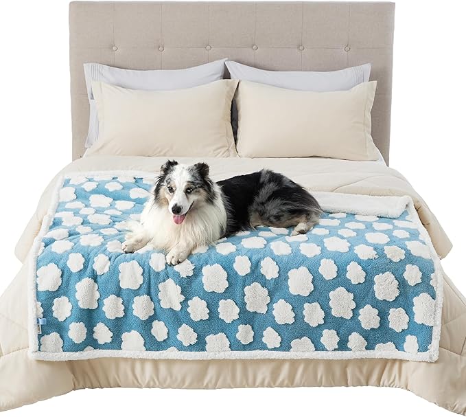 Lesure Waterproof Dog Blanket for Large Dogs - Washable Double Sided Dog Blankets with Warm Jacquard Shag and Soft Sherpa Fleece, Pet Cat Blanket for Bed Couch Protection, 3D Textured Cloud, Blue