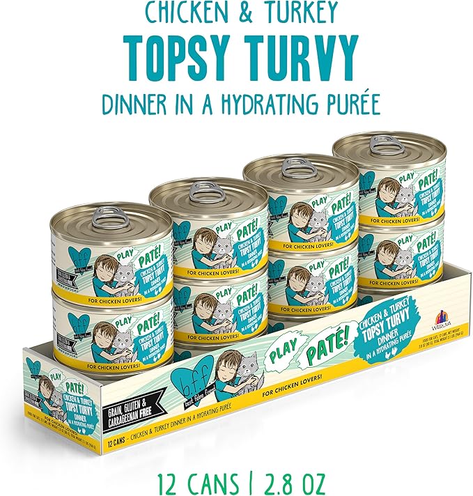 Weruva B.F.F. Play - Best Feline Friend Paté Lovers, Aw Yeah!, Chicken & Turkey Topsy Turvy with Chicken & Turkey, 2.8oz Can (Pack of 12)