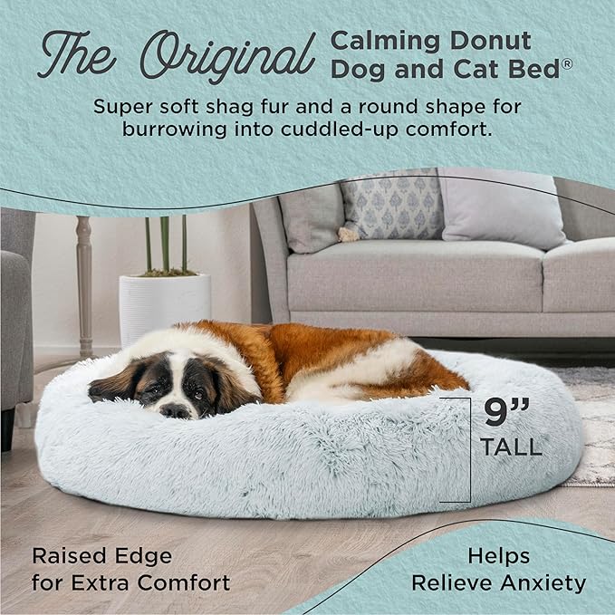 Best Friends by Sheri Original Calming Donut Dog and Cat Bed, Shag Faux Fur, Frost Gray, XL (45in x 45in) - Anxiety Relief for Pets Up to 150 lbs
