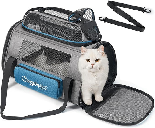 BurgeonNest Top-Expandable Pet Carrier, Airline Approved Dog Cat Carrier, Soft-Sided Puppy Kitten Carriers Up to 15 Lbs, Underseat Travel with Storage Pocket and Anti-Scratch Mesh, 18x11x11, Blue