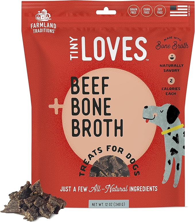 Farmland Traditions Tiny Loves Jerky Trainer Treats for Dogs w/Bone Broth (Beef, 5 oz.)
