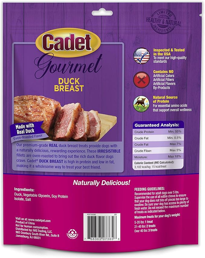 Cadet Gourmet Duck Breast Jerky Dog Treats, Healthy, Long-Lasting High-Protein Training Treats for Small & Large Dogs, 14 oz.