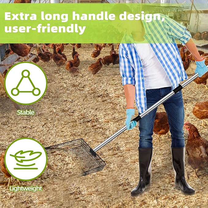Jusoney 10" Upgrade and Reinforcement Stainless Steel Manure Scoop w/4-in-1 Adjustable Handle (36.6"-62"), Ergonomic Sifter Shovel for Chicken Coop, Cat Litter, Pet Waste Cleaning Tools