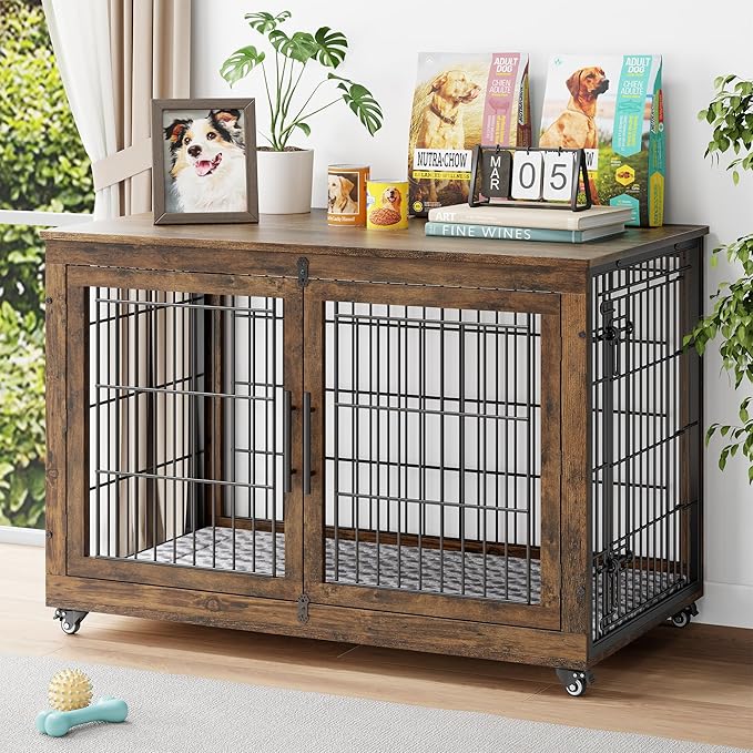 Dog Crate Furniture with Cushion Set of 2, Wooden Dog Kennel Indoor with Double Doors, Dog Cage with Wheels, Dog House Side End Table for Large Dogs up to 85 lb, 44" L, Rustic Brown