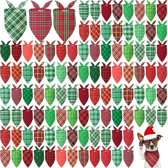 Abbylike 100 Pcs Christmas Dog Bandanas Bulk Red and Green Buffalo Plaid Bandanas for Dogs Triangle Kerchief Bibs Scarf for Pet Xmas Costume Photo Props Accessories, 25 Styles (25.6 x 17.7 x 17.7)