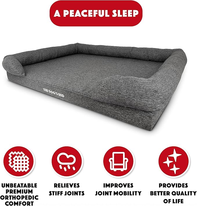 The Dog’s Bed, XXL Grey Linen, Memory Foam, Pain Relief: Arthritis, Hip & Elbow Dysplasia, Post Surgery, Lameness, Supportive, Calming, Waterproof Washable Cover