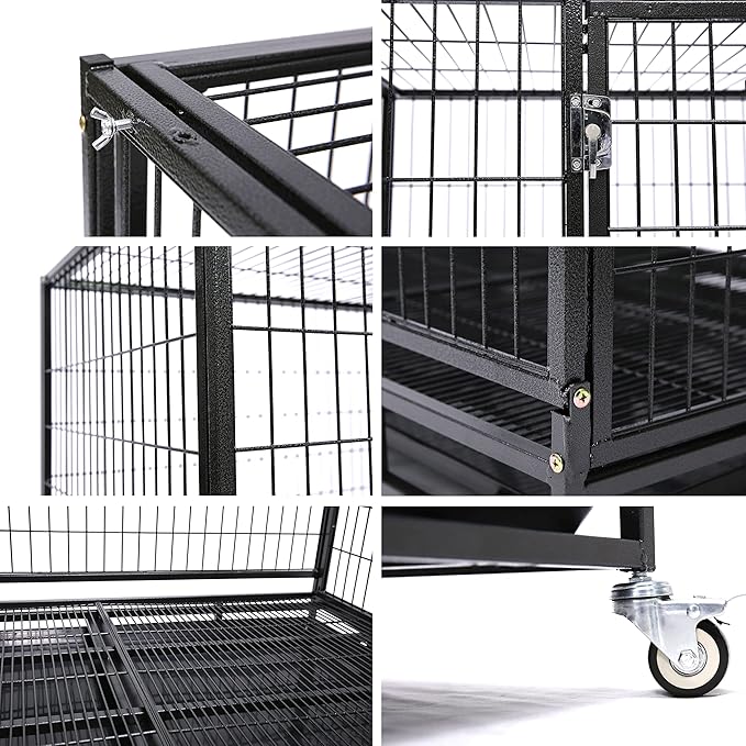 Homey Pet 43" Stackable and Collapsible Heavy Duty Dog Crate Cage Kennel with Feeding Door, Four Lockable Casters, Removable Tray and Grid, Escape Proof Dog Crate for Large Dogs