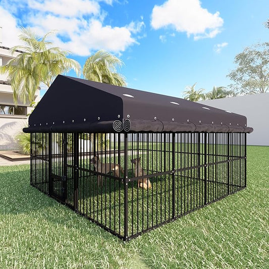 10x10x6 FT Outdoor Dog Kennel, Dog Enclosures Fence with UV-Resistant Waterproof Roof Cover and Triple Locks, Heavy Duty Metal Dog Houses for Large Dogs Outside (118" W x 119" D x 78" H)