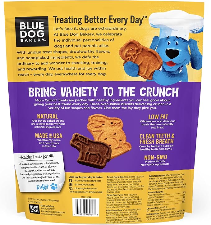 Blue Dog Bakery More Crunch Biscuits Value Size | Large, Bacon, Chicken, Cheese, Peanut Butter | Natural Healthy Dog Treats - 43.2 oz (Pack of 1)