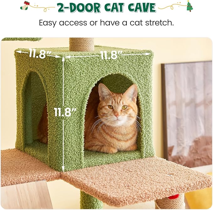 MWPO Green Modern Cat Tree, 70.1-Inch Large Wood Cat Tower for Indoor Cats, Multi-Level Tall Cat Condo with 2 Padded Perches, Hammock, Scratching Posts, Dangling Toys for Large Adult Cat