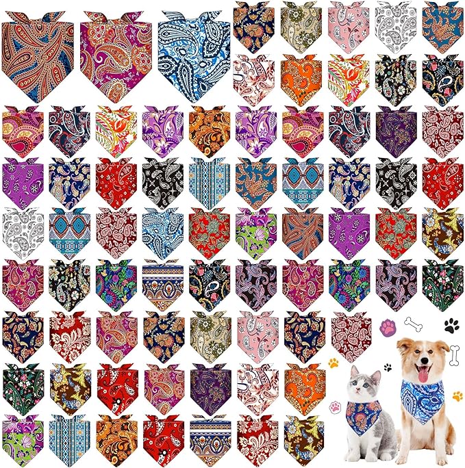 Sanwuta 72 Pcs Dog Bandana Bulk Washable Puppy Triangle Scarfs Cat Bandanas Adjustable Soft Cute Pet Triangle Bibs Accessories for Small Medium Dogs Cats Pets Costume (Paisley Pattern)