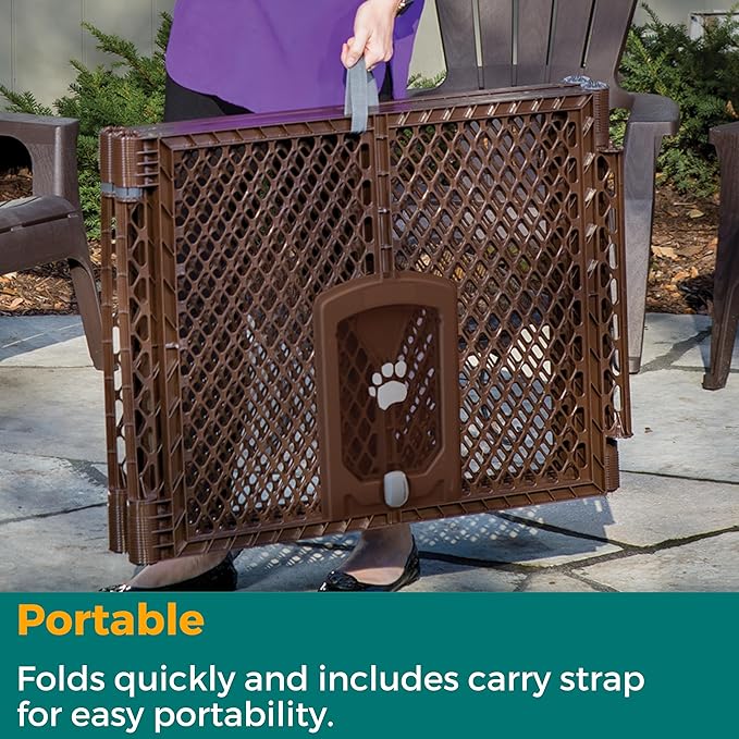 MyPet North States Petyard Passage: 4-Panel Folding Dog Playpen Indoor or Outdoor. 7 sq. ft. Puppy Playpen, Lockable Pet Door. Freestanding Play Pen Dog Gate. Made in USA. 26" Tall, Brown