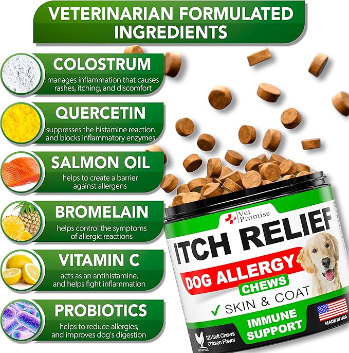 Dog Allergy Relief Chews - Dog Itch Relief Treatment - Anti Itch - Itchy Skin - Dry Skin & Hot Spots - Immune Health Supplement with Probiotics, Omega 3 Fish Oil, Colostrum - Made in USA - 120 Treats