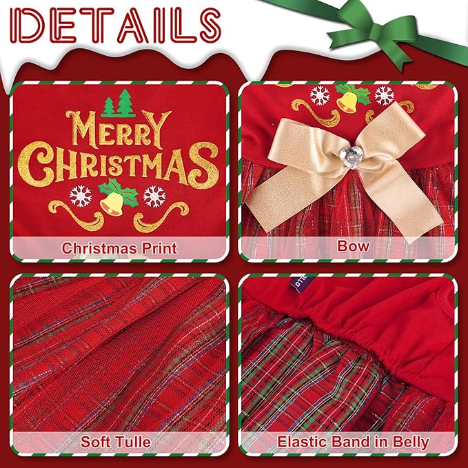 cyeollo Dog Dress Plaid Christmas Dog Clothing for Holiday Theme Outfits Bowtie Girl Pet Dresses for Small Dogs