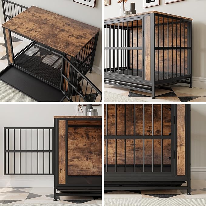 Dog Crate - Metal & Wooden Kenel with 3 Doors for Indoor, Medium/Large Dogs - Heavy Duty, Rustic Black & Brown