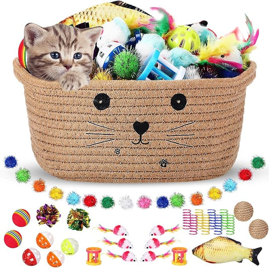 Zopeal 58 Pcs Cat Storage Basket Gift Toys Set, Colorful Flashing Balls Pet Bell Crinkle Balls Spring Toys Attract Cat to Swat, Bite, Hunt, Interactive for Pet(Khaki,9.8 Inch)