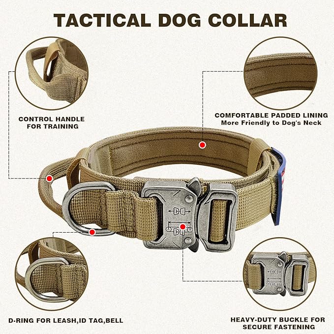 Tactical Dog Collar, Adjustable Nylon, Heavy Duty Metal Buckle with Handle, Airtag Protective Case, Brown, L, Medium & Large Breeds