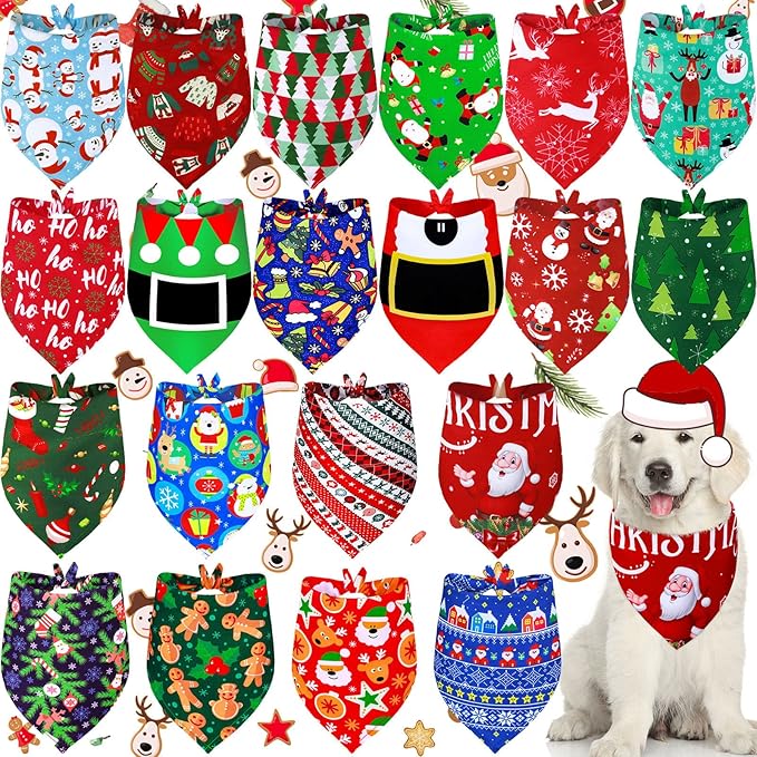 Weewooday 20 Pieces Christmas Dog Bandanas for Dogs Santa Claus Christmas Tree Triangle Pet Bib Adjustable Pet Bandana Soft Doggy Kerchief Accessories for Pet Costume Accessories Decor