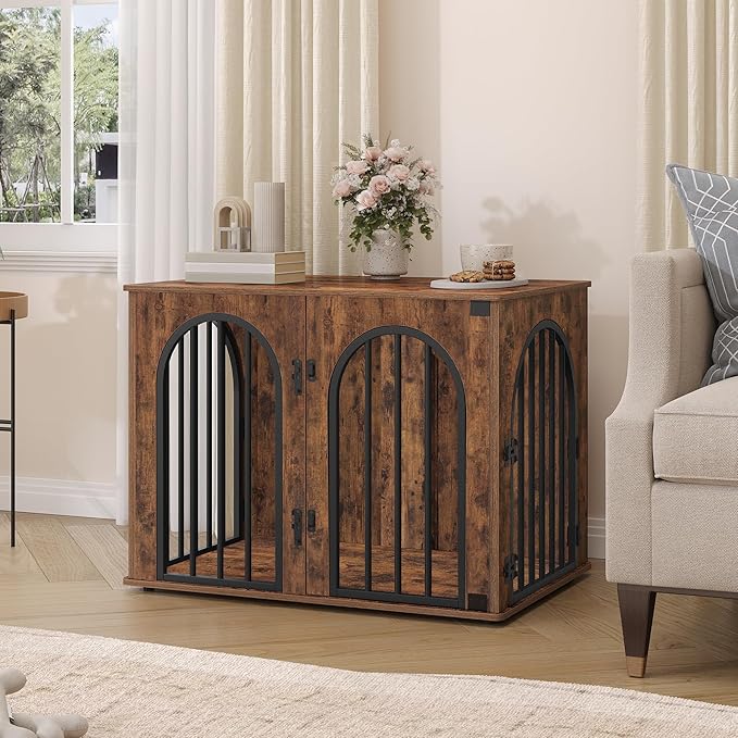 31.5'' Wooden Dog Crate Furniture, Indoor Dog Kennel Dogs Cage for Small/Medium Dogs, Heavy Duty Dog Crates Decorative Pet House End Side Table TV Stand, Rustic Brown DFC85101B