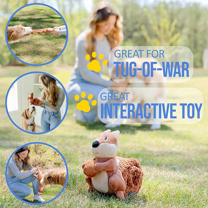 Crinkle Dog Toy Plush Toy - Long Tug-of-War Squeaky Dog Toy Boredom Buster Toys with Snack Pockets - Durable Enrichment Mentally Stimulating Toys for Dogs Small, Medium, Large - Squirrel