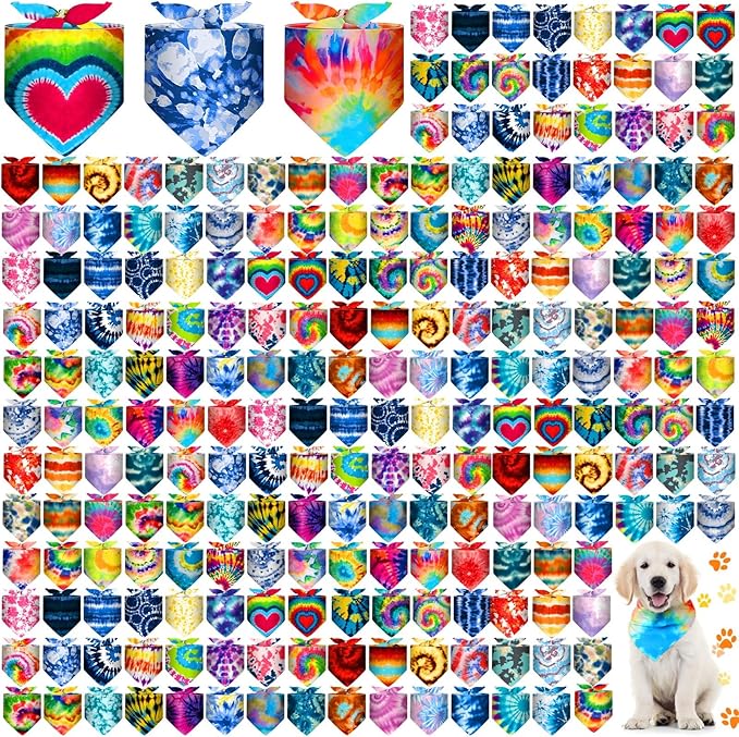 Geyoga 240 Pcs Halloween Dog Bandanas Bulk Thanksgiving Pet Bandanas Adjustable Fall Triangle Dog Grooming Scarf Bibs Kerchief for Small Medium Large Cats Pet Costume A(Tie Dye)