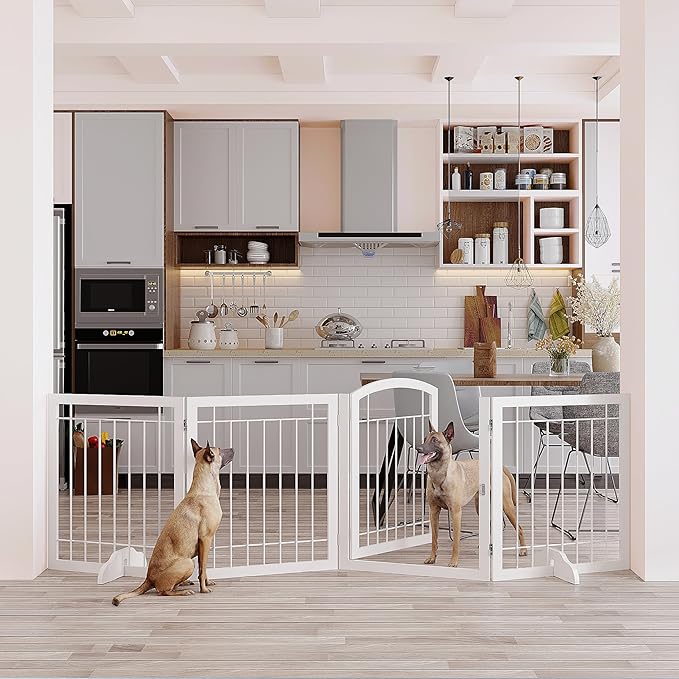 Vantas Folding Pet Gate 96" Wide, 30" Tall No-Assembly Metal Dog Gate, Freestanding Wire Pet Gate, Pet Puppy Safety Fence, Extra Wide with 2PCS Support - White