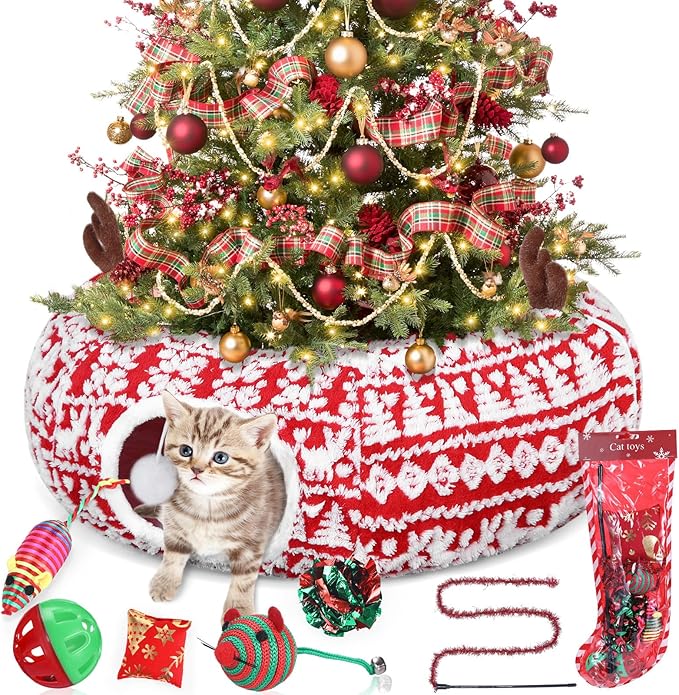 Christmas Cat Tunnel Bed with 8 Cat Toys Fluffy Plush Dog Tunnel Bed with Washable Cushion and Dangling Balls 3FT Multifunctional Playground for Small Medium Large Rabbit(Snowflake,Red)