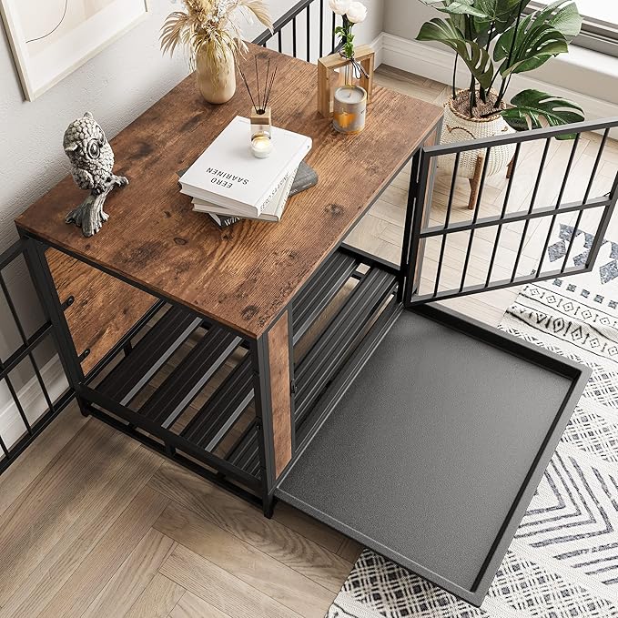 Dog Crate Furniture - Metal & Wooden Dog Kennel with 3 Doors, End Table for Small Dogs, Heavy Duty Dog House, Rustic Black & Brown