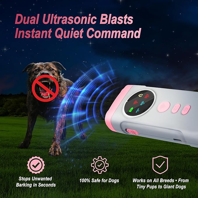 Dog Bark Deterrent Device-2X High-Power Emitters | Anti Barking with 5 Training Modes, 50ft Range, Shock Collar Alternative, 1500mAh Battery, LED Display, Safe Ultrasonic Bark Shield for Dogs (Pink)