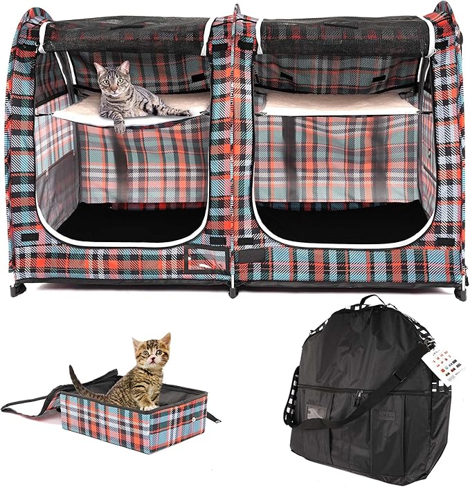 Mispace Portable Twin Compartment Show House Cat Cage/Condo - Easy to Fold & Carry Kennel - Comfy Puppy Home & Dog Travel Crate with Carry Bag/Two Hammocks/Mats and Collapsible Litter Box